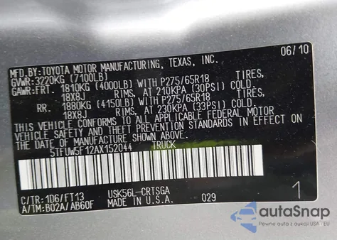 2010 Toyota Tundra Grade 5.7L V8 from USA, damaged, VIN 5TFUW5F12AX152044